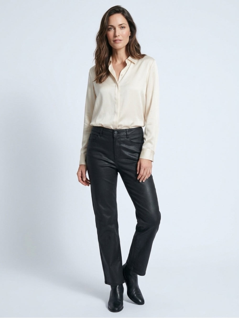 Women's Black Straight-Leg Faux Leather Jeans